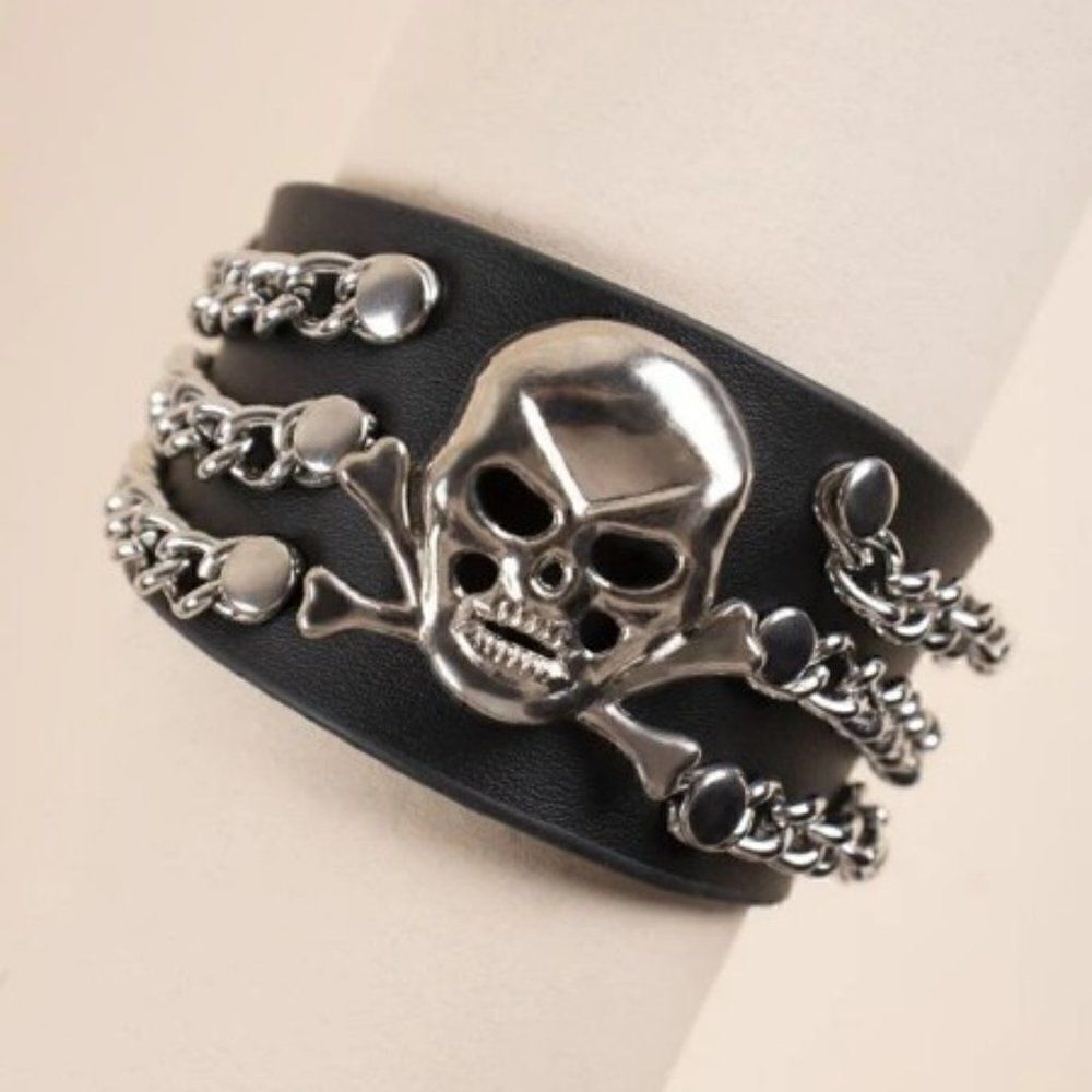 Black Leather Silver Skull Cross Bones Chain Wristband